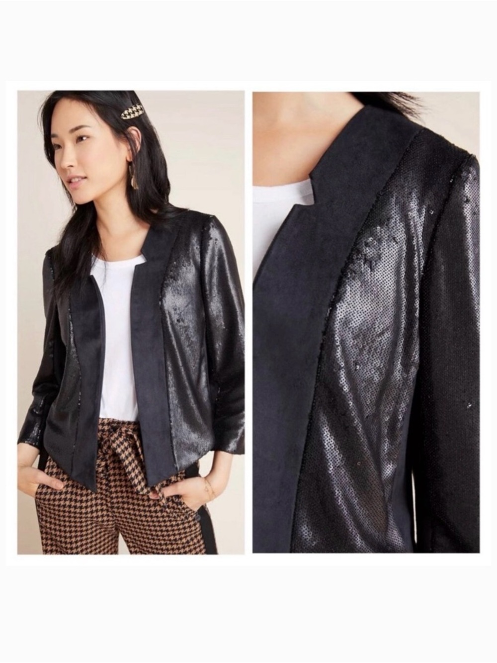 NWT Anthropologie Shonda Sequin Suede Jacket Blazer Black Cropped XS